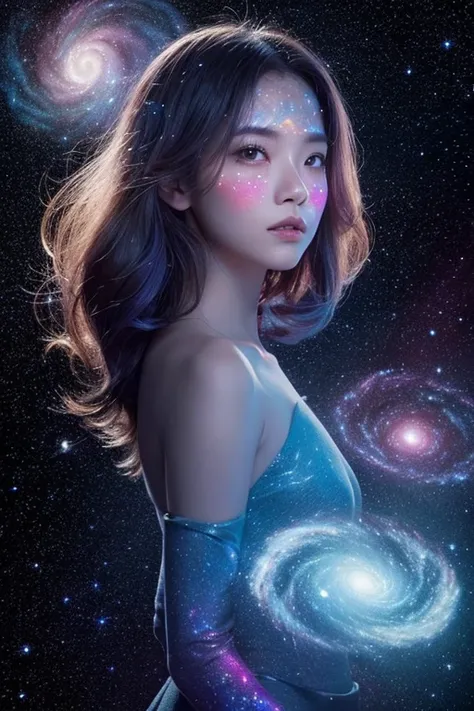 A surreal, invisible face,hologram girl,invisible girl,invisible color girl,invisible hair,cosmic hologram woman whose face and body are fully merged with the colors and textures of deep space, eliminating all traces of human skin tone and making her appea...