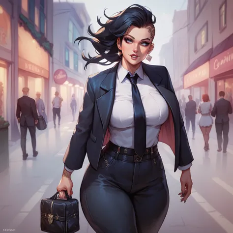 A black-haired woman, wearing a black suit, black dress pants and black tie. She has many tattoos on her neck, arms and face. She is walking on a street.