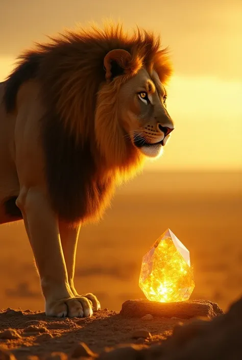  Depict a powerful lion standing tall on a sunlit savanna, staring down at a brilliant topaz gemstone embedded in the rocky ground. The topaz radiates a warm golden light that reflects off the lion’s mane, illuminating the scene with a golden glow and cast...