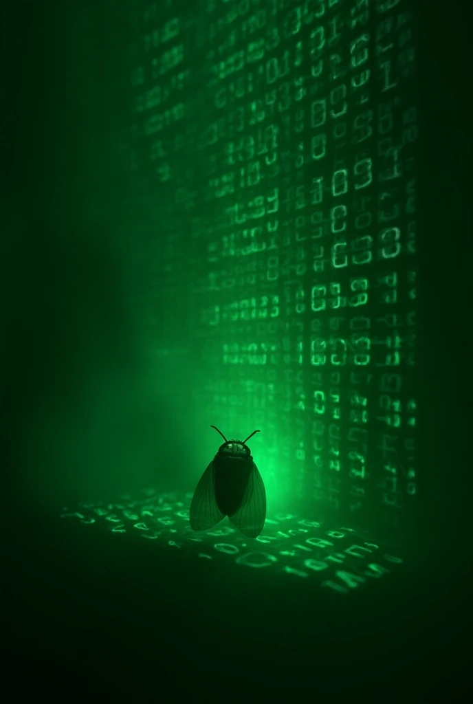 Green binary code shining on the screen with insect or cicada ,  symbols creating an environment of digital mystery and a sense of an incomplete puzzle