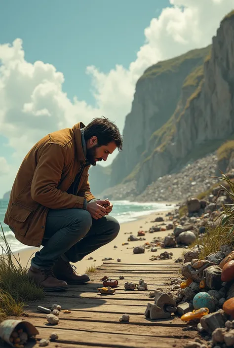 A man with a jacket and a collectors air full of curiosity on a boardwalk finds a large garbage dump and crouches down clutching a very shiny badge.