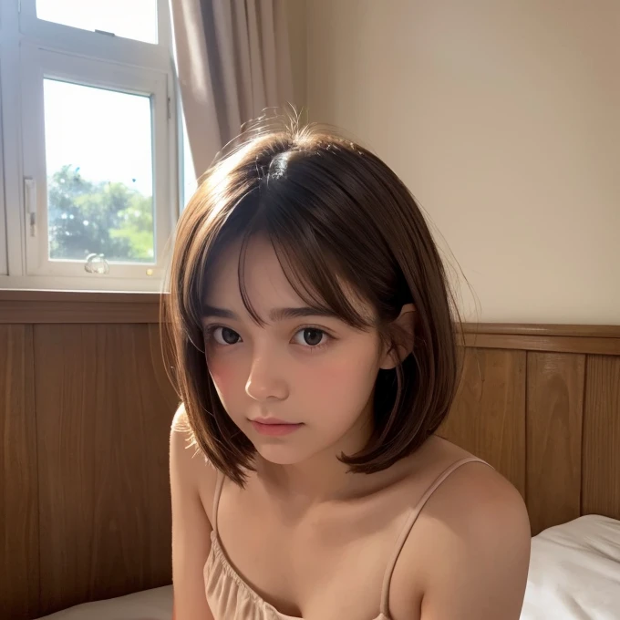 18 year old girl, single room, gelato pique, brown hair, bob hair, blush bed, supine