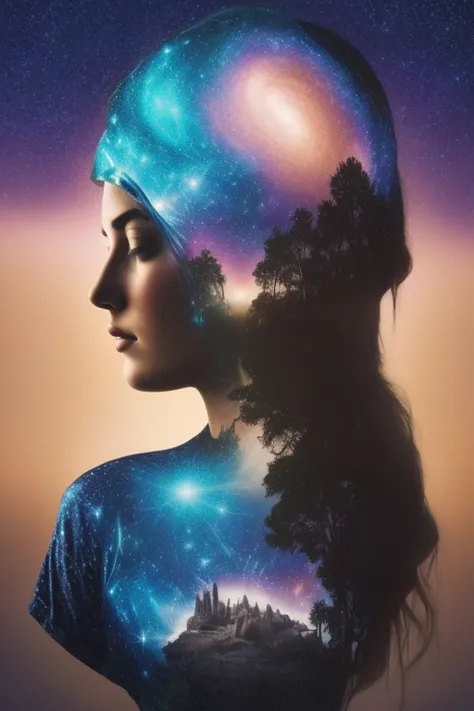 （multiple exposure：1.8），Dubrec style，Girl virtual holographic digital avatar，Futuristic magnificent starry sky image foreground，psychedelic starry sky，In space，Complex illustrations in surrealist art style，Surreal dreams，Become an invisible virtual hologra...