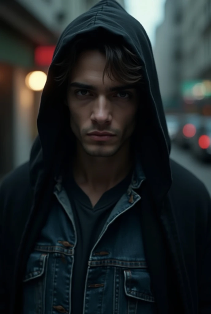 "A 21-year-old man with a realistic appearance, looking sad and serious. He is wearing a denim jacket and a black cape on his head, creating a moody, contemplative atmosphere. The man has a subtle, intense expression, fitting the vibe of an Instagram-worth...