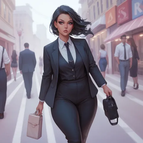 A black-haired woman, wearing a black suit, black dress pants and black tie. She has many tattoos on her neck, arms and face. She is walking on a street.