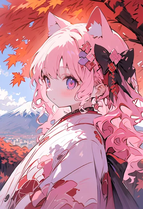 image of the cute girl with cat ears, pink wavy hair, and heterochromatia eyes:1.4, standing near Mount Fuji during autumn, surrounded by beautiful red and orange leaves. Let me know if you need any adjustments!fromside,sideview