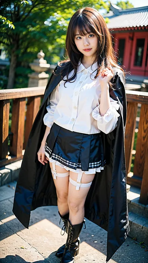 (8k、  RAW Photo from the Last Century 、Best Quality、masterpiece:1.2)、(Realistic、Realistic)、1 person、((black、Cape、 see-through 、Frills、ribbon、 checked mini skirt 、 temple、 big breasts at the temple、 Thin legs、curly hair、night、 garter belt 、  is standing、  b...