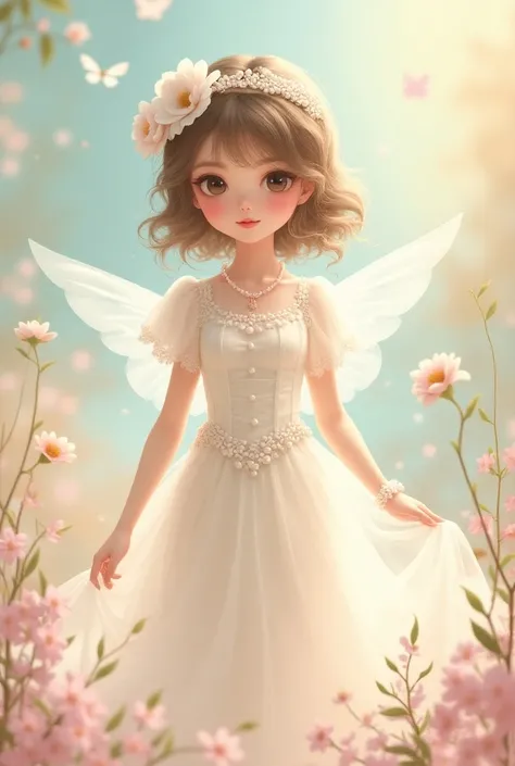 cute , Pearl theme, magical girl, innocent, white and Pearly colorschene, sweet, ethereally beautiful, anime, 2D, Vintage style, white dress