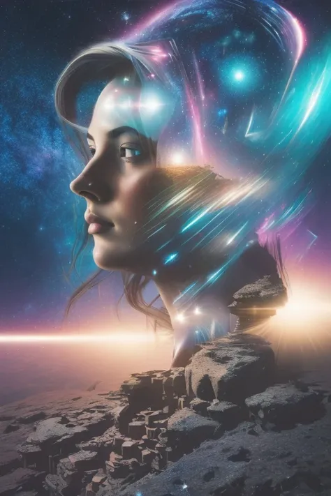 （multiple exposure：1.8），Dubrec style，Girl virtual holographic digital avatar，Futuristic magnificent starry sky image foreground，psychedelic starry sky，In space，Complex illustrations in surrealist art style，Surreal dreams，Become an invisible virtual hologra...