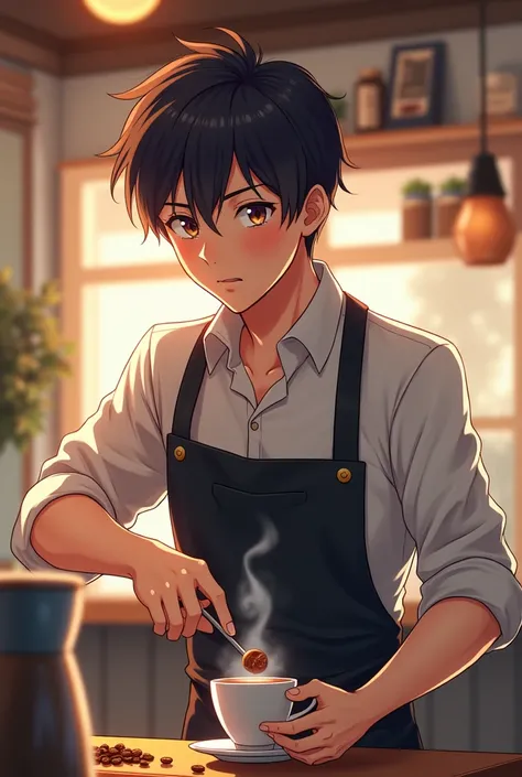 An anime guy working hard at the coffee shop, making coffee