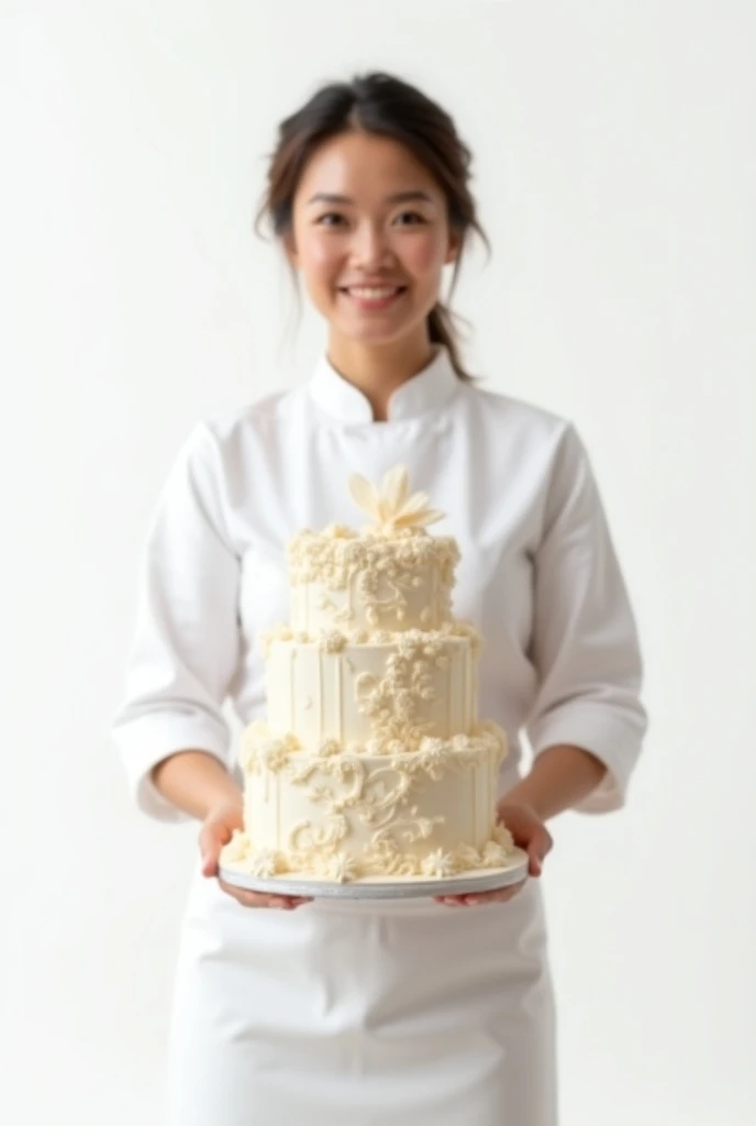 Full-body brunette adult pastry chef holding floor cake in her hand white background