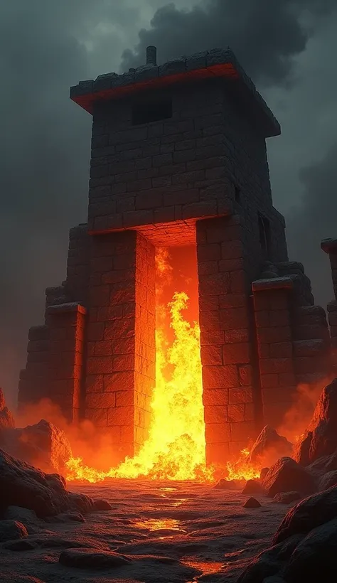  Stone furnace with intense flames coming out of the opening, in a dark and dramatic environment, with vibrant orange and red flames .