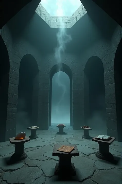  I need a hexagonal room in an old castle .  There is no light source except a hole in the ceiling . The room looks dark and ghostly .  In the middle of the room is a detached archway without connection to the ceiling and turn ,  inside there is a fog-like...