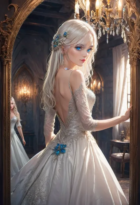 beautiful girl with long white hair and blue eyes, luxurious white wedding dress, stands at a tall mirror,  luxurious medieval bedroom in the background, bright colors,  dramatic lighting , to the waist