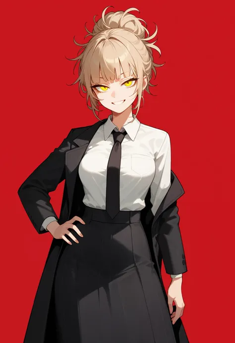 Masterpiece, best quality, top quality, 1girl, mature, beige hair, yellow eyes, (bags under eyes:0.8), hair buns, tied hair, hair bangs, messy hair, blunt bangs, suit jacket, white shirt, black tie, long skirt, black skirt, small breasts, standing, hand on...