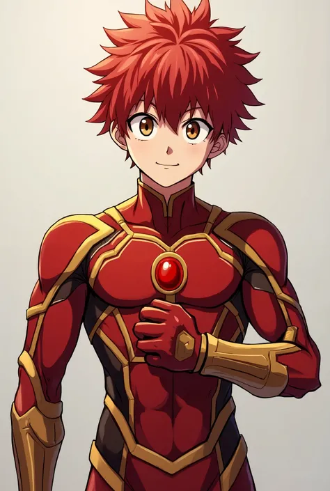  My Hero Academia style , Anime Boy, male, young male ,  full body shot ,(Combat Stance:1.3), short hair, Red Hair,   Brown Eyes  ,  small red jewel in the center of the chest , hero suit, Full Body Suit, Red suit with golden details, perfect anatomy, Supe...