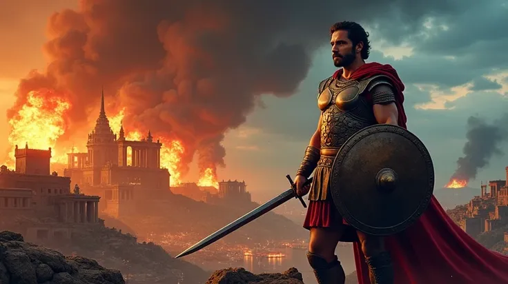 Create a dramatic wallpaper featuring Paris in the center as a strong warrior, holding a sword in one hand and a shield in the other. He should look heroic, with a confident, intense expression. On the left side, show the burning city of Troy, with flames ...