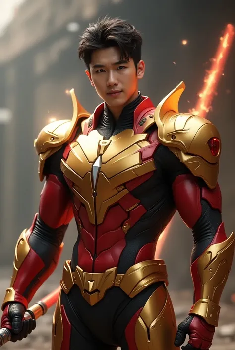 Hyper realistic image of a korean male. Shirtless. Muscular. Futuristic mecha armor. Gold and red and black colour armor. Showing abs. Holding lightning saber. Futuristic background Solo, Looking at viewer, High Resolution, Anatomically Correct, Best Quali...