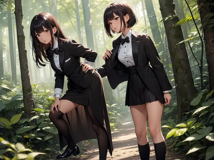 ((best quality)), ((masterpiece)), (detailed), 1girl, asian young woman, short bangs, brown hair, brown asian eyes, feminine, bowtie, black opened tuxedo jacket,medium length black dress skirt, short white socks, fancy black shoe, standing in a forest, clo...