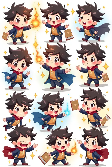 chibi style illustration magical student boy with, detailed character sheet, multiple poses, multiple angles line stamps, 12 divisions, funny , various poses and expressions,