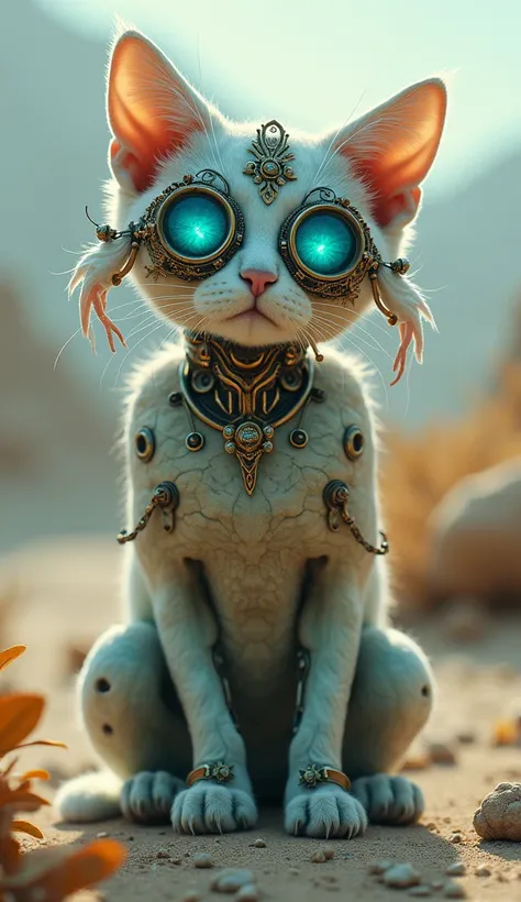 A mystical cyborg cat with a bioluminescent jellyfish tiara and intricate steampunk goggles that meld into translucent tentacles. Its cracked porcelain skin transitions into iridescent scales, while mechanical implants and delicate tendrils wrap around its...