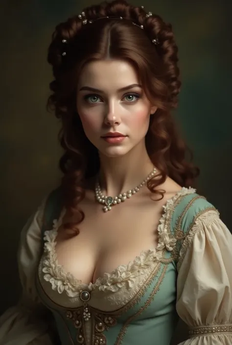 Create an image of a girl with the same physical characteristics as Ava Gardner but with very light blue eyes with an appearance and clothes from the 1860s, ornate brown hair,massive cleavage, super realistic