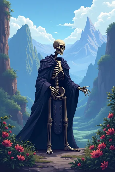 pixel art style 512x512 dark fantasy skeleton in magician robe is standing and watching the landscapes of a big valley in bright fantasy style
