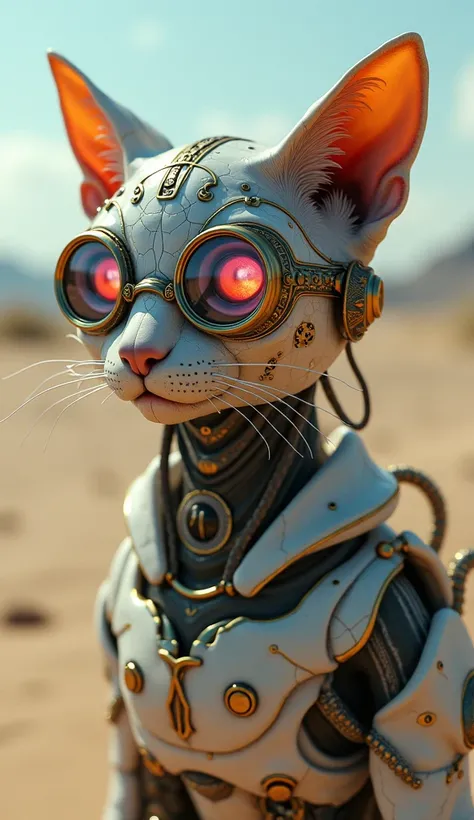 An otherworldly cyborg cat wearing a shimmering jellyfish tiara, with steampunk goggles intertwined with glowing tentacles. The cat’s cracked porcelain skin and iridescent scales show a blend of organic and metallic elements, merging past and future. Mecha...