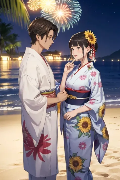 masterpiece,  Top Quality , beach, Fireworks,  Lovers wearing Japanese kimonos and yukata, Night sea,  half side ,  Sweet vibe , whole body, tall man, Tall girl , 2 people, Young men and women, 20s,  Her body is looking at the screen ,  Faces are looking a...