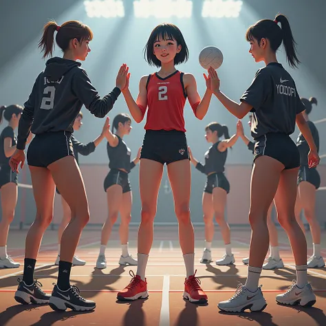 (masterpiece:1.1), (Best Quality:1.1),  full body,  short hair,  volleyball player、Good anatomy, beautiful女の子, Fair skin, Black Hair,  perfect face, (Smiling high five with teammates wearing a black windbreaker over a red uniform)、 high definition, Compreh...