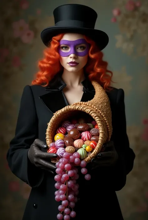  Hyperrealistic image of a woman dressed in black ,   with red hair wearing discreet purple mask, black grapes and black hat .  holding a cornucopia full of candy. Vintage Willie Wonka style 