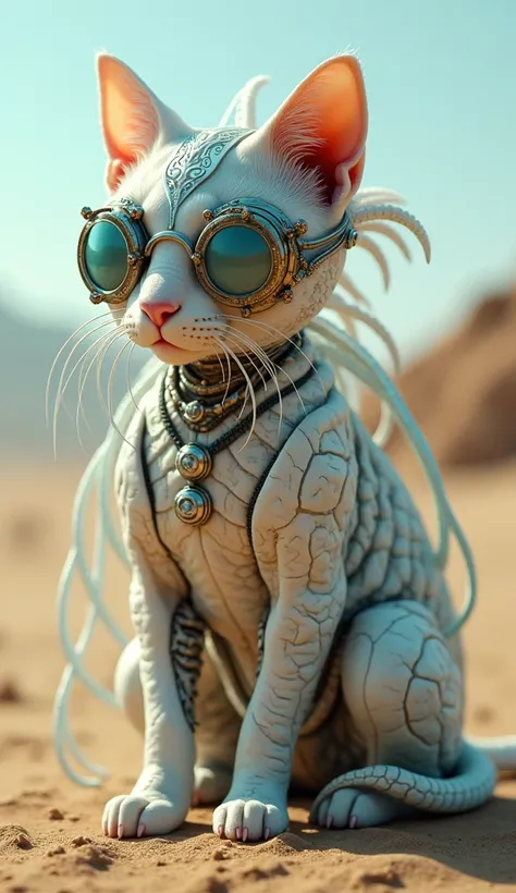 A futuristic cyborg cat adorned with a jellyfish-like tiara that softly glows, complemented by steampunk goggles embedded in translucent tentacles. Its cracked, porcelain-textured skin meets patches of iridescent scales, creating a harmony of organic and m...