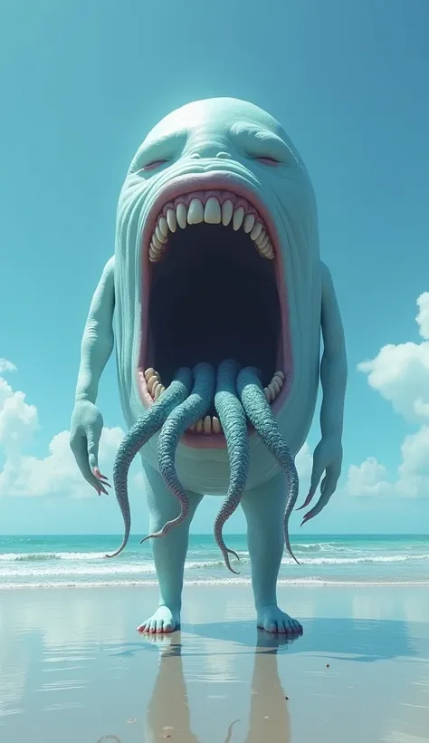 Create a image of a mouth of man that is in light blue colour that have 5 tongue and stand on the beach and looks like a horror 