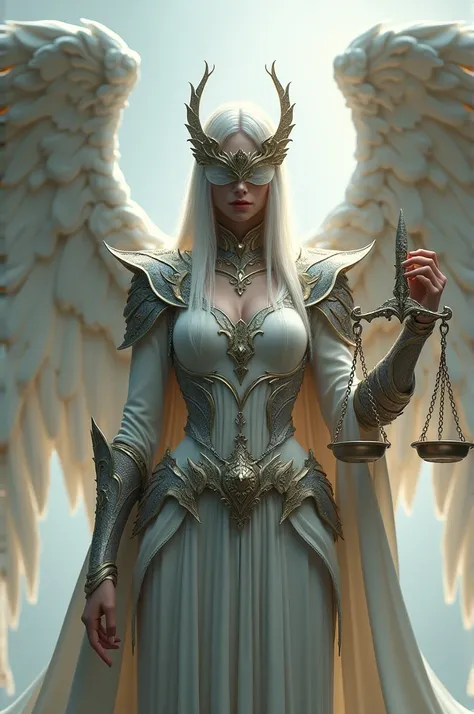  Create a female angel of justice ,  her wings are divided by 3 , resulting in 6 wings ,  wearing a majestic and unique crown with a majestic costume that demonstrates justice.  The angel is fair-skinned , long white and straight hair,  your eyes are blind...