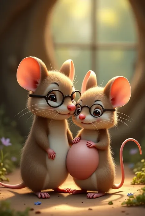 Pregnant little mouse, She is next to her husband mouse. He has glasses