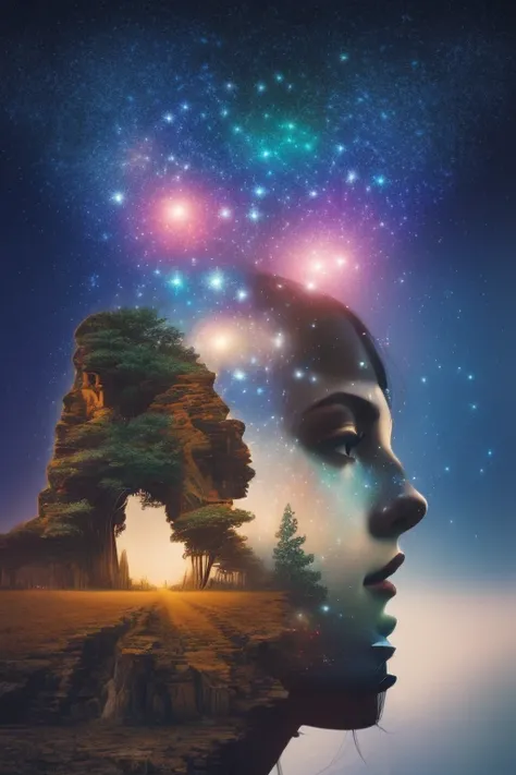 （multiple exposure：1.8），Dubrec style，Girl virtual holographic digital avatar，Futuristic magnificent starry sky image foreground，psychedelic starry sky，In space，Complex illustrations in surrealist art style，Surreal dreams，Become an invisible virtual hologra...