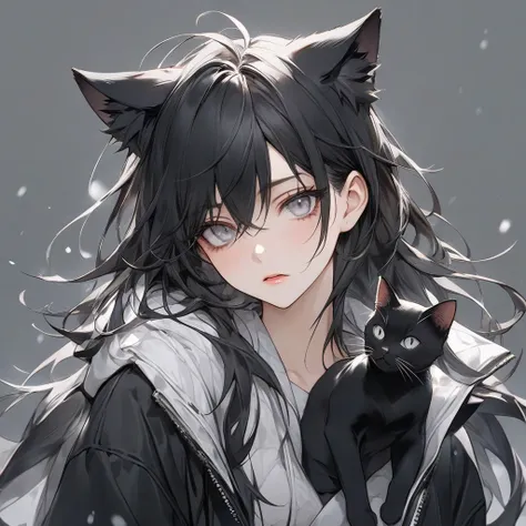 high resolution, Masterpiece, Anatomically correct, precise, qualityที่ดีที่สุด, quality, 1 woman, Age 25 years, black hair and silver eyes,very long hair ,messy hair, Dark makeup, A cold expression simple background, half-body , Anime style, Sharp eyes ,m...