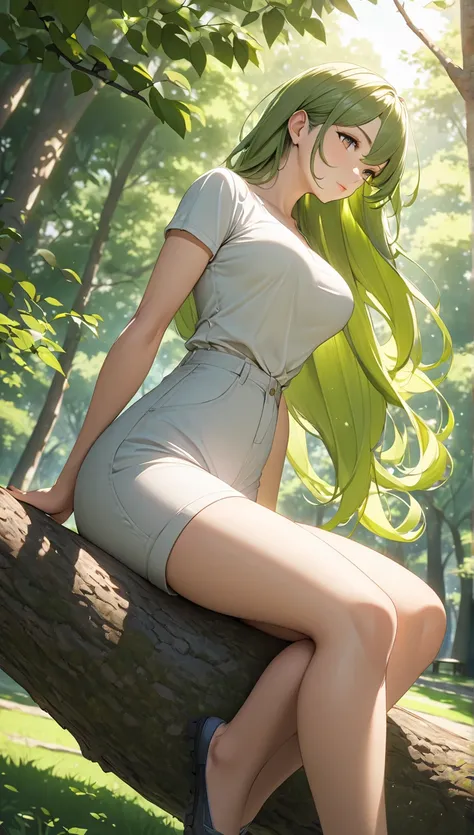 Ultra-realistic anime-style female character in a serene park setting, sitting confidently on a thick tree branch. She has long hair that flows gently in the breeze, a curvy physique with a large bust, narrow waist, and prominently round, beautiful hips an...