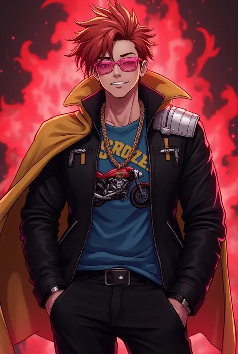 Hair like bacon, Caucasian skin, pink glasses, Black jacke, blue shirt with motorcycle print, SILVER SHOULDER PADS, golden cloak, black pants, red aura, naughty man, anime style 