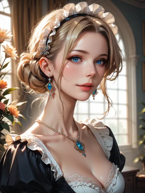 anime 2.5d style, Elegant mature woman, blue eyes, blonde hair, maid uniform, soft light, high detailed, 4k resolution, high quality, beautiful cg