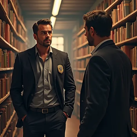 A man in a jacket wearing a badge on his chest ,  looking intrigued and distressed in a bookstore talking to another man