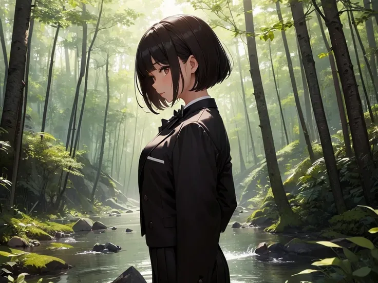 ((best quality)), ((masterpiece)), (detailed), 1girl, asian young woman, short bangs, brown hair, brown asian eyes, feminine, bowtie, black opened tuxedo jacket,medium length black dress skirt, short white socks, fancy black shoe, standing in a forest, sid...