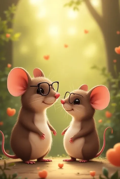 Pregnant little mouse with her hairy belly, She is next to her husband mouse. He has glasses