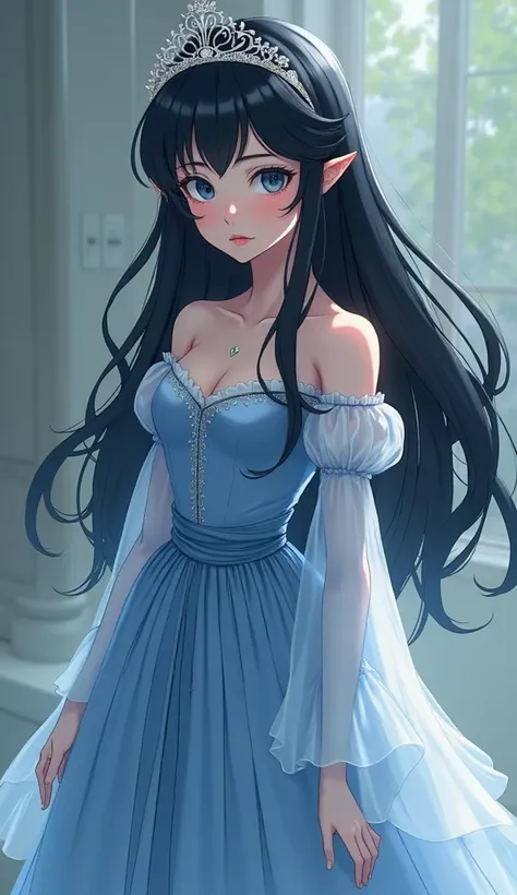  Sad Elf Girl，Black Haired, Blue Eyes ， Unspeakably Beautiful ，Mature appearance，He wears a silver crown on his head， slim and plump wearing a blue translucent tulle dress， draws a full-body photo of her from head to toe ，European classical clothing，Ghibli...