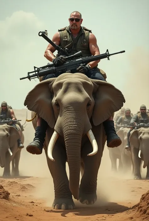 I need a YouTube thumbnail in which the man sitting on the elephand and elephand coming the man have too much guns and enemy behind him on cars 