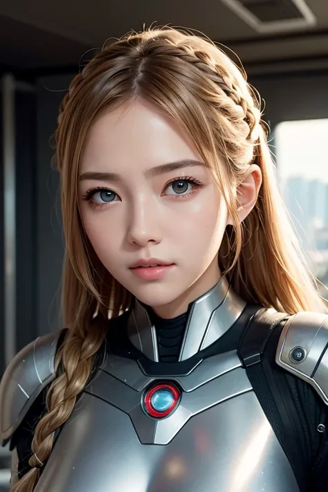  upper body、live-action、 portrait 、Facing sideways to the camera、 ONE CYBORG GIRL、 beautiful well-groomed face、 cute、babyface、Blonde、 braided 、 white skin、 slender body 、 Toughened Abs、muscle、 cleavage、MECHANICAL ARMOR 、 machine with high density detail、（ ...