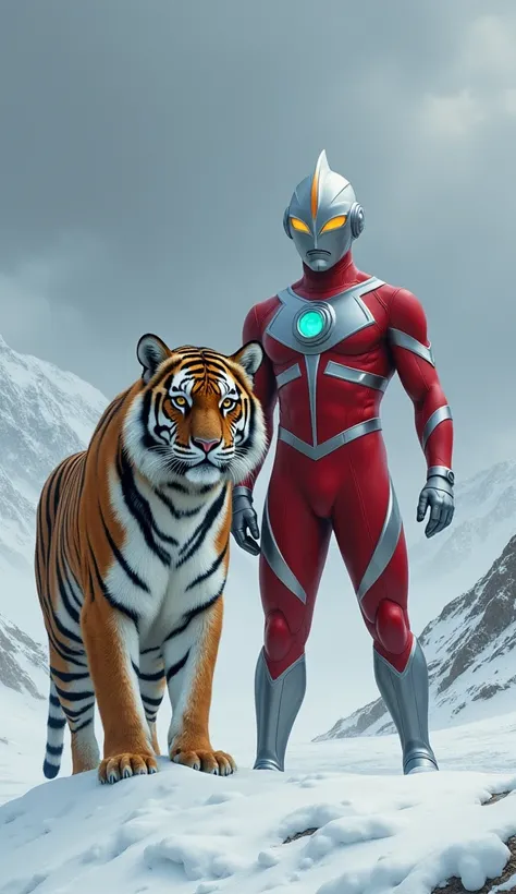  In a vast snow-covered landscape ,  Ultraman stands side by side with a Siberian tiger with thick fur and black stripes.  Both sit atop a snow-covered hill ,  with strong wind shaking the tigers coat .  Ultraman observes the horizon seriously ,  while the...