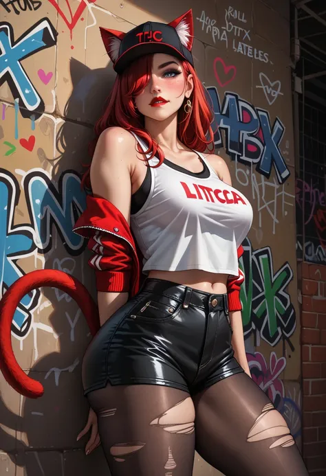 score_9,score_8_up,score_7_up, 1girl, Beautiful, Curvy, Tall, Mature, (Wide Hips, Thicc Thighs, Big Ass: 1.3), (Medium Breasts: 1.3), (Cat Woman: 1.3), (Red Cat Ears and Tail: 1.3), (Standing in front of a Graffiti Covered wall, hands against the wall, (Te...