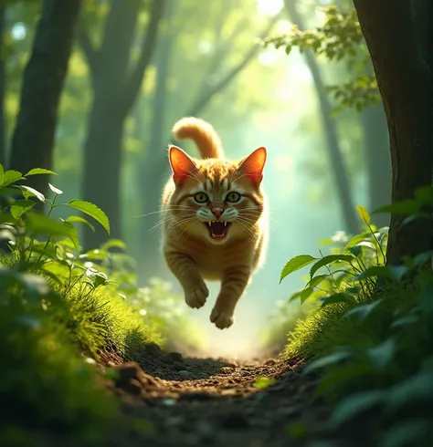 generate a cat running through the forest crying