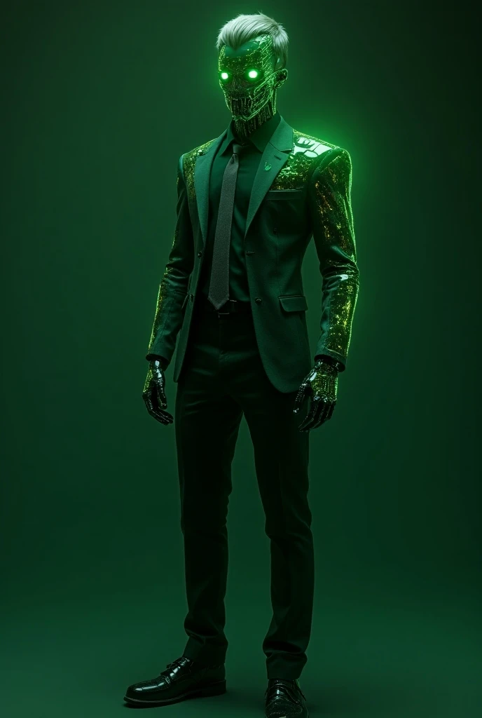  Height2 meters
Features  :  Slender and agile body ,  with a bright green interface that covers a large part of its body.  Luminous and expressive eyes ,  despite its robotic appearance .
He wears a suit and tie ,  short hair,  appearance of a murder dron...